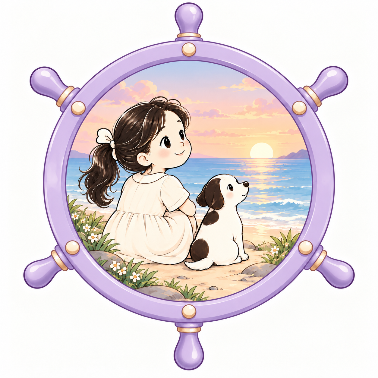 少女と子犬が夕暮れの海を眺める