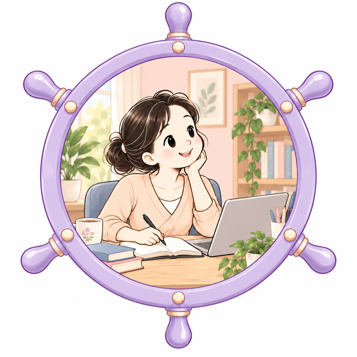 中年の女性が机でノートとパソコンに向かう