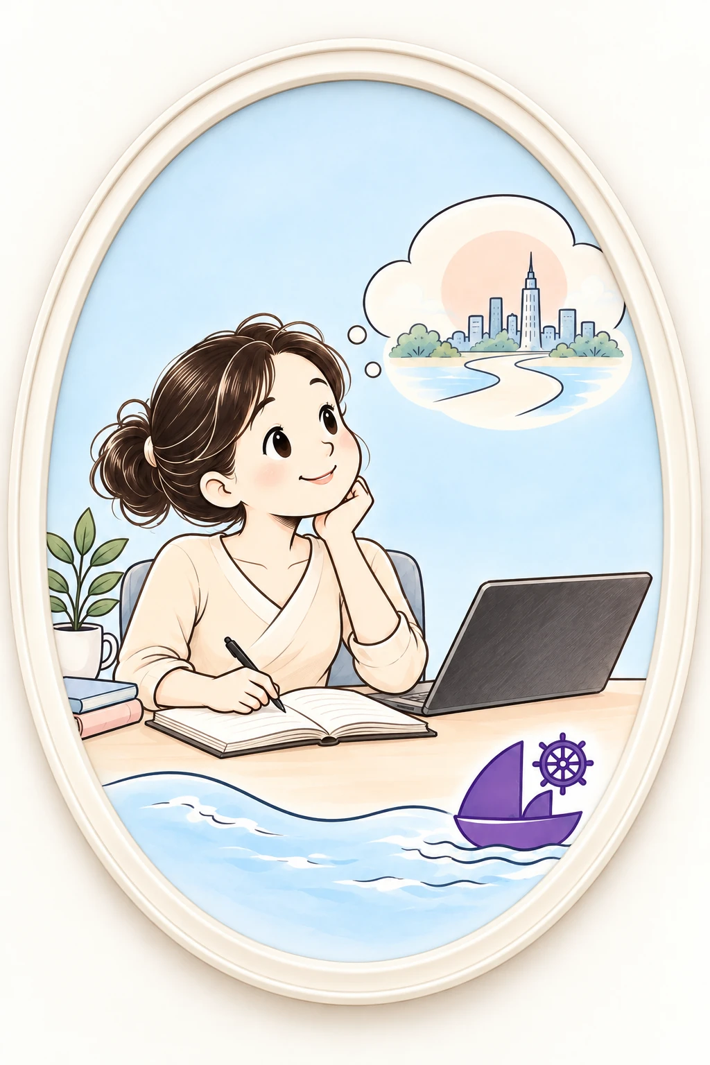 成長した女性がパソコンとノートに向かい未来を思い描く